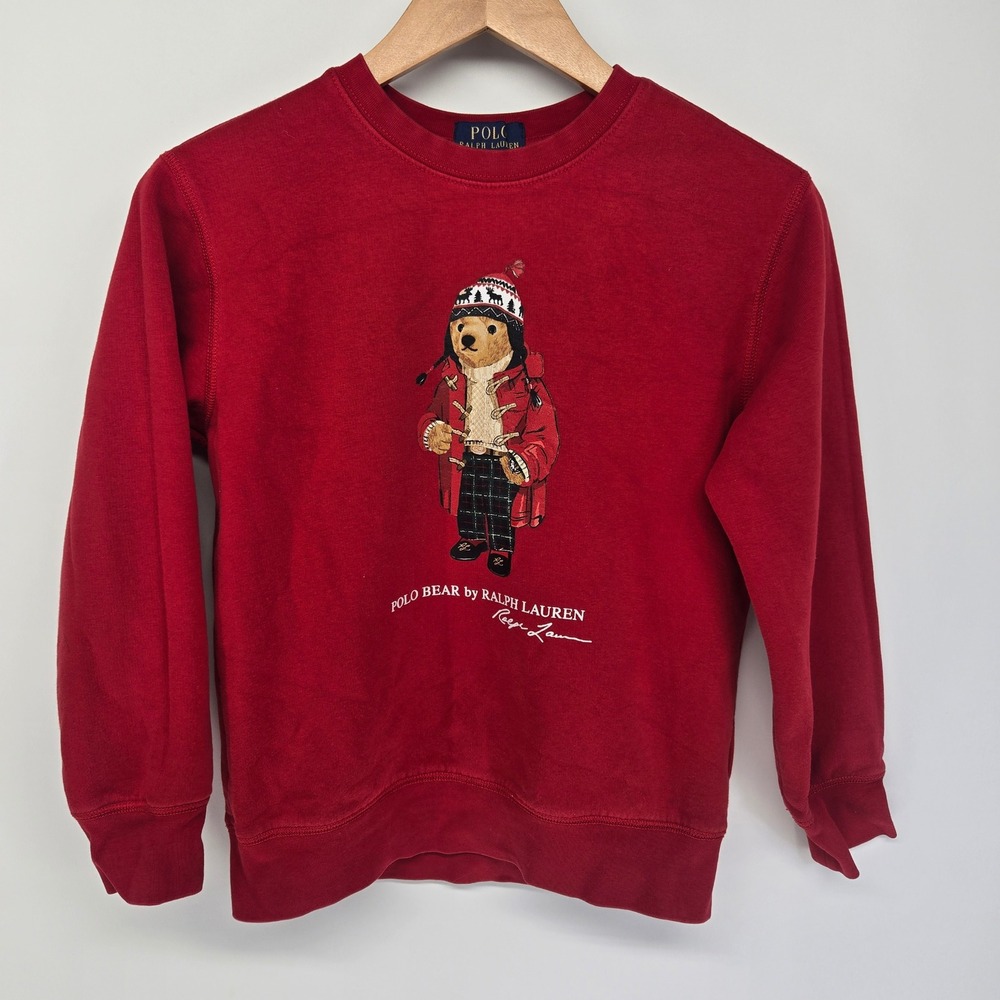 Polo Ralph Lauren Sweatshirt Kids M 10-12 Red Polo Bear Winter Duffle Fleece
